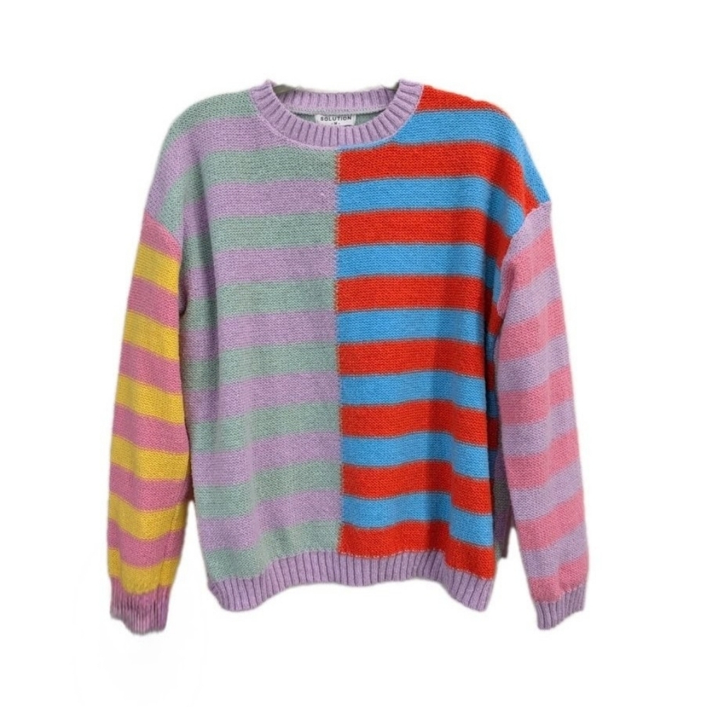 Womens Stripe Color Block Sweater Medium Boxy Dopamine Colorful Spring Crew Neck